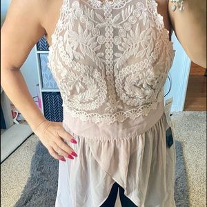 Bebe Pink High Low Lace Top,